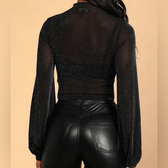 Lulus Sparkle Here and There Black Mesh Long Sleeve Crop Top Multiple Sizes - Picture 4 of 7